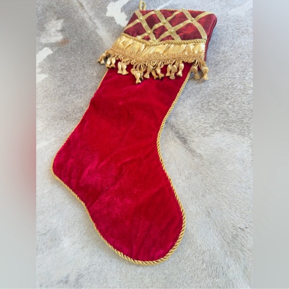 Burgundy Red Velvet & Gold Tassel Trim Christmas Stocking - Maximalist Decor - Picture 3 of 10